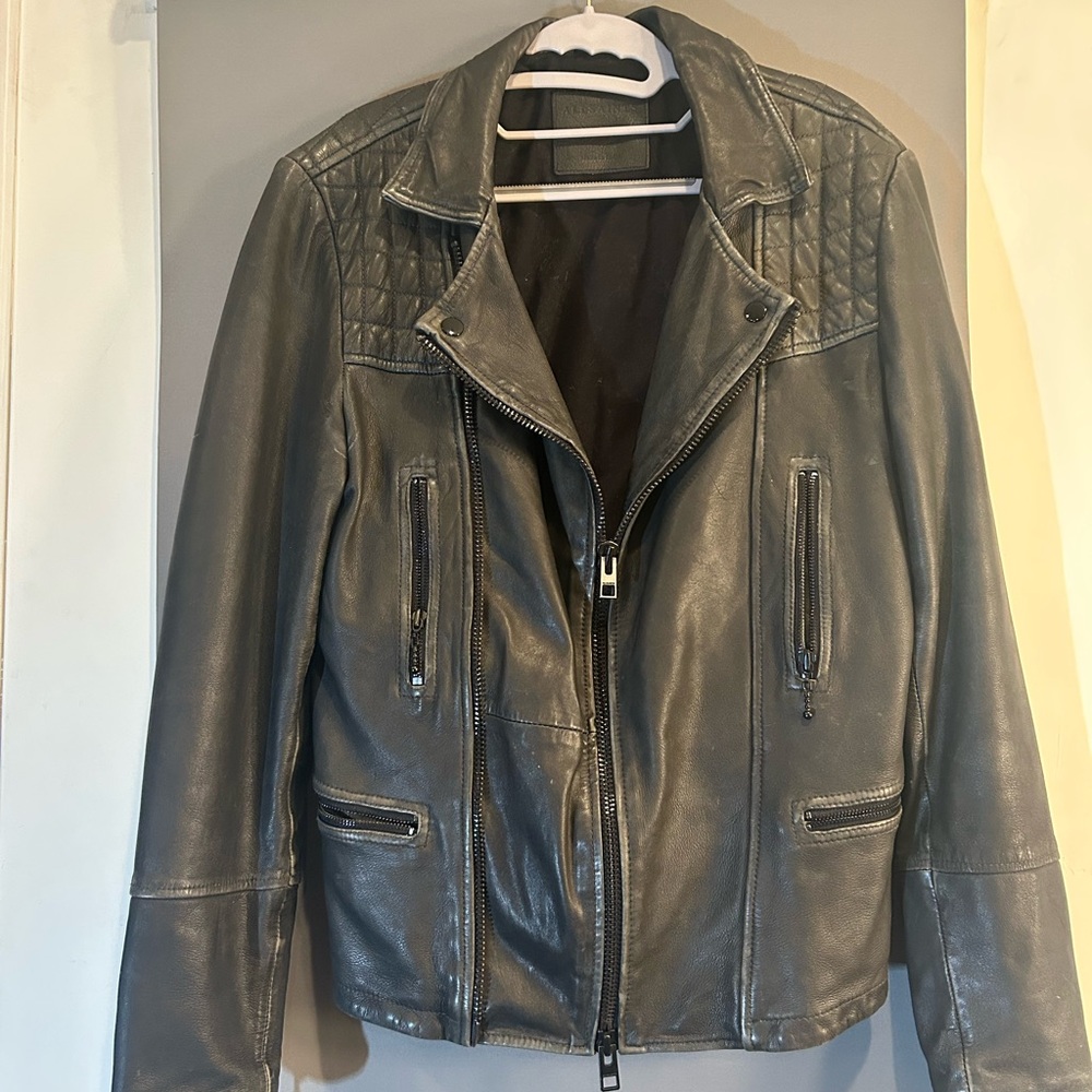 All Saints Black Leather Military Field Jacket